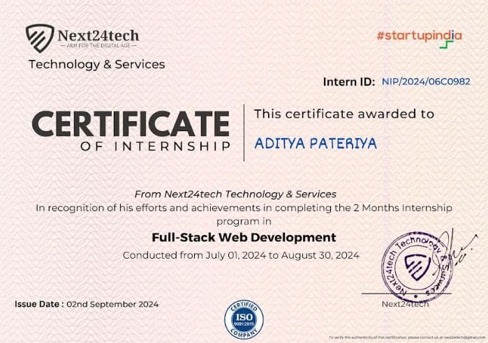 Certified by Next24tech Technologies & Services